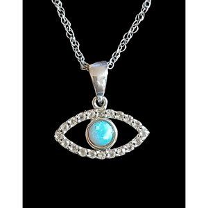 925 Sterling Silver Lab Opal Natural Stone Evil Eye Pendant Necklace 18.5